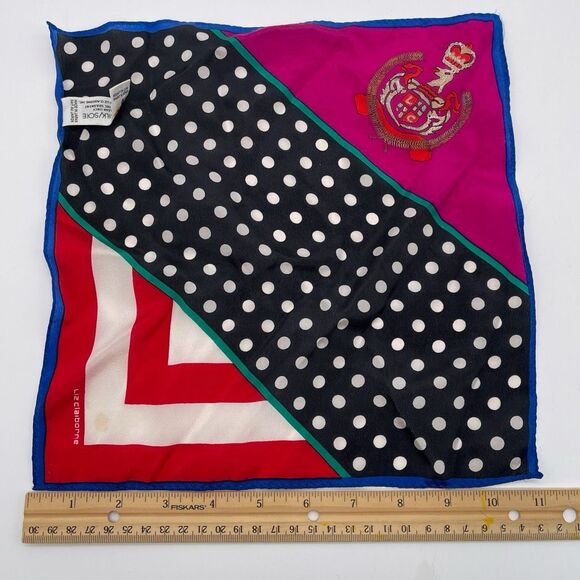 Vintage LIZ CLAIBORNE Silk Scarf Red Pink Blue Polka Dot Stripes Crest Square - Picture 4 of 11